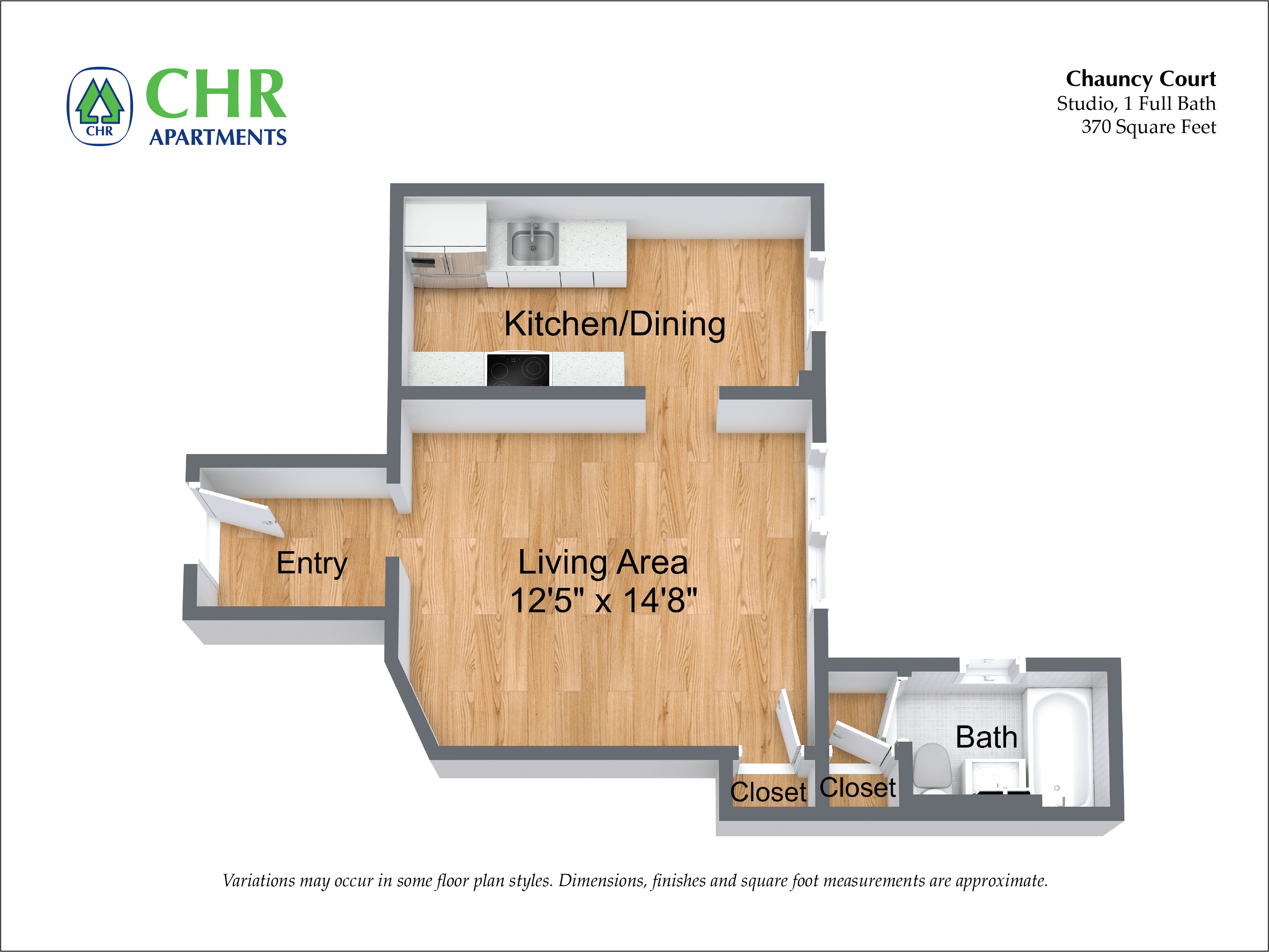 Floor plan for studio, 1 bath, 500 sqft